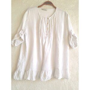 Womens Size XL Boho Linen Prairie Pintucked Ruffle Hem Casual Roll Tab Blouse